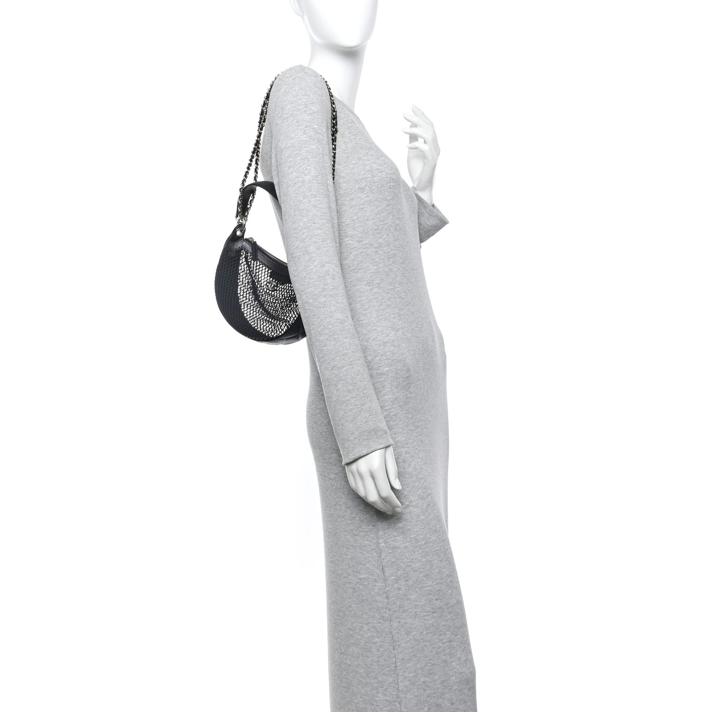 Mesh Shiny Lambskin Chain Hobo Black