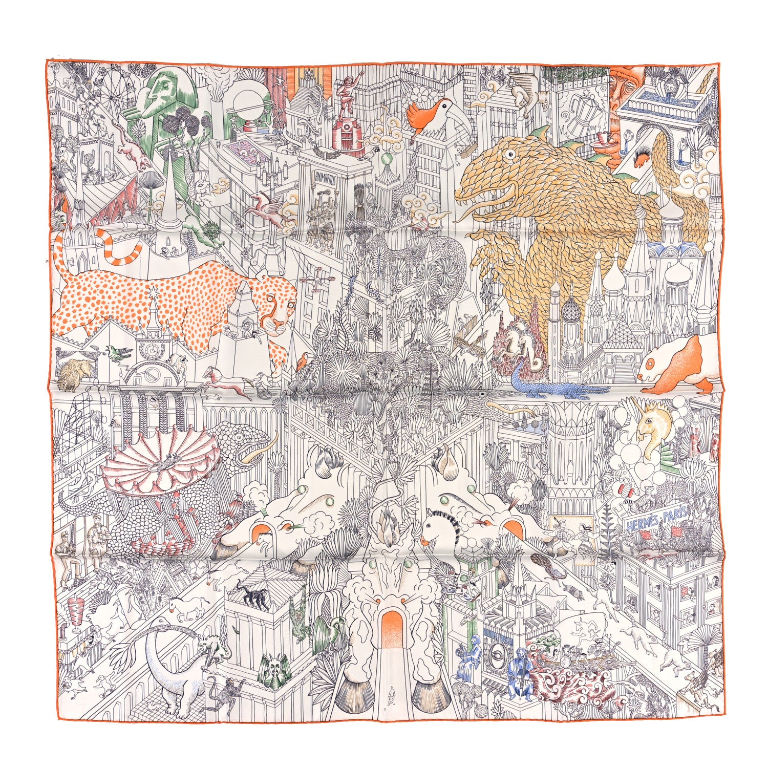 Hermes Silk Animapolis Scarf 90 White Jaune Vert 1 of 3