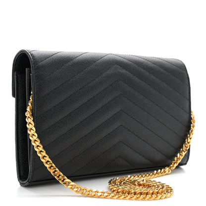 Saint Laurent Grain De Poudre Matelasse Chevron Monogram Chain Wallet Black 3 of 10