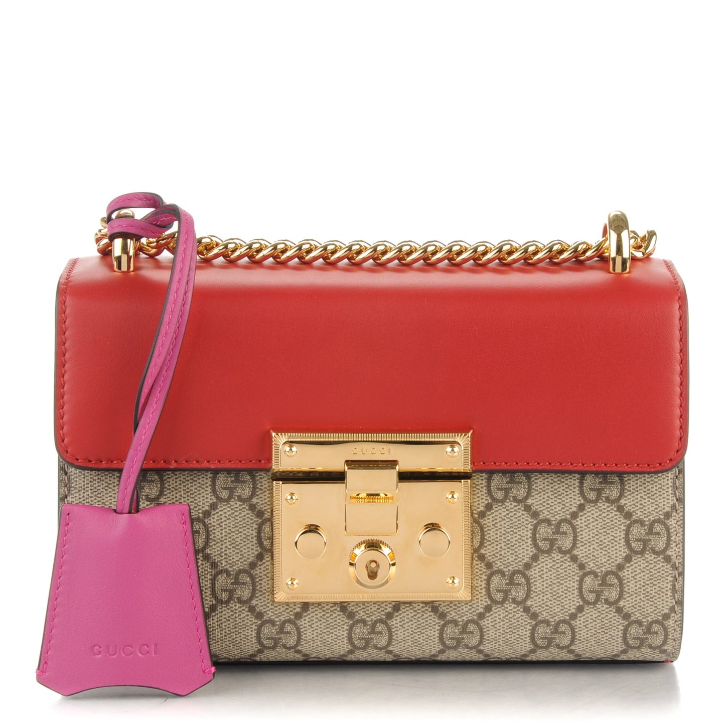 GG Supreme Monogram Calfskin Small Padlock Shoulder Bag Beige Hibiscus Red New Rosette