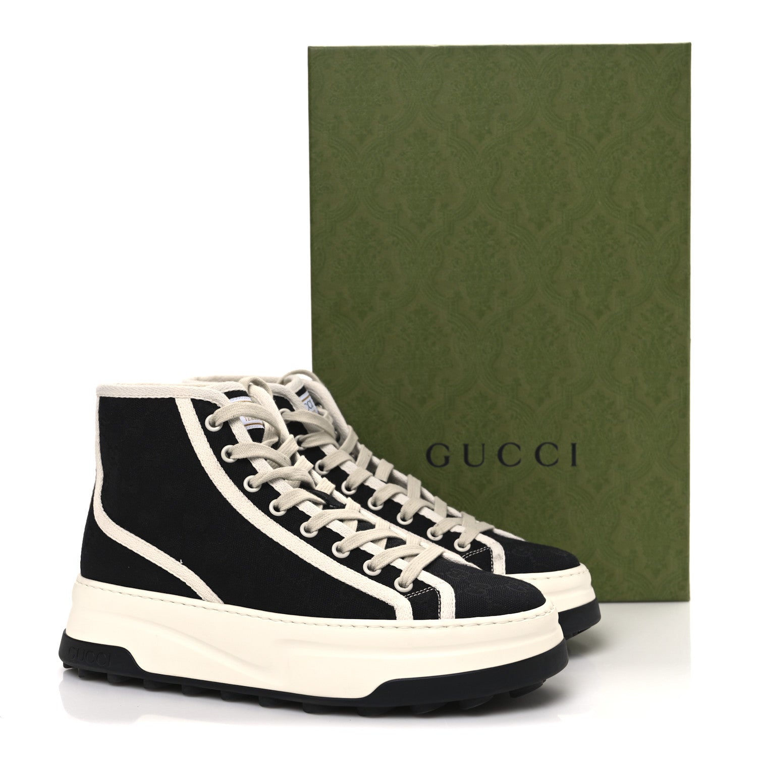 Gucci New Canvas GG Monogram Womens Tennis 1977 High Top 55mm Platform Sneakers 39.5 Black Mystic White 13 of 13