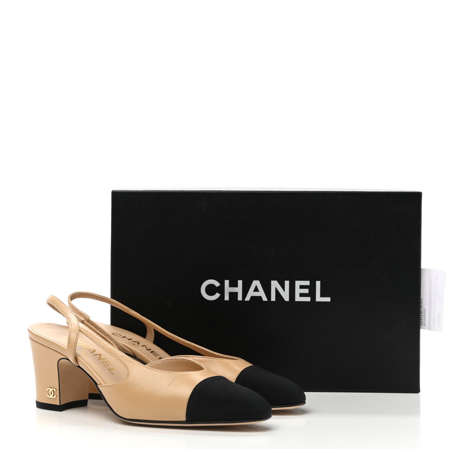 Chanel Goatskin Grosgrain Cap Toe CC Slingback Pumps 35 Beige Black 9 of 9