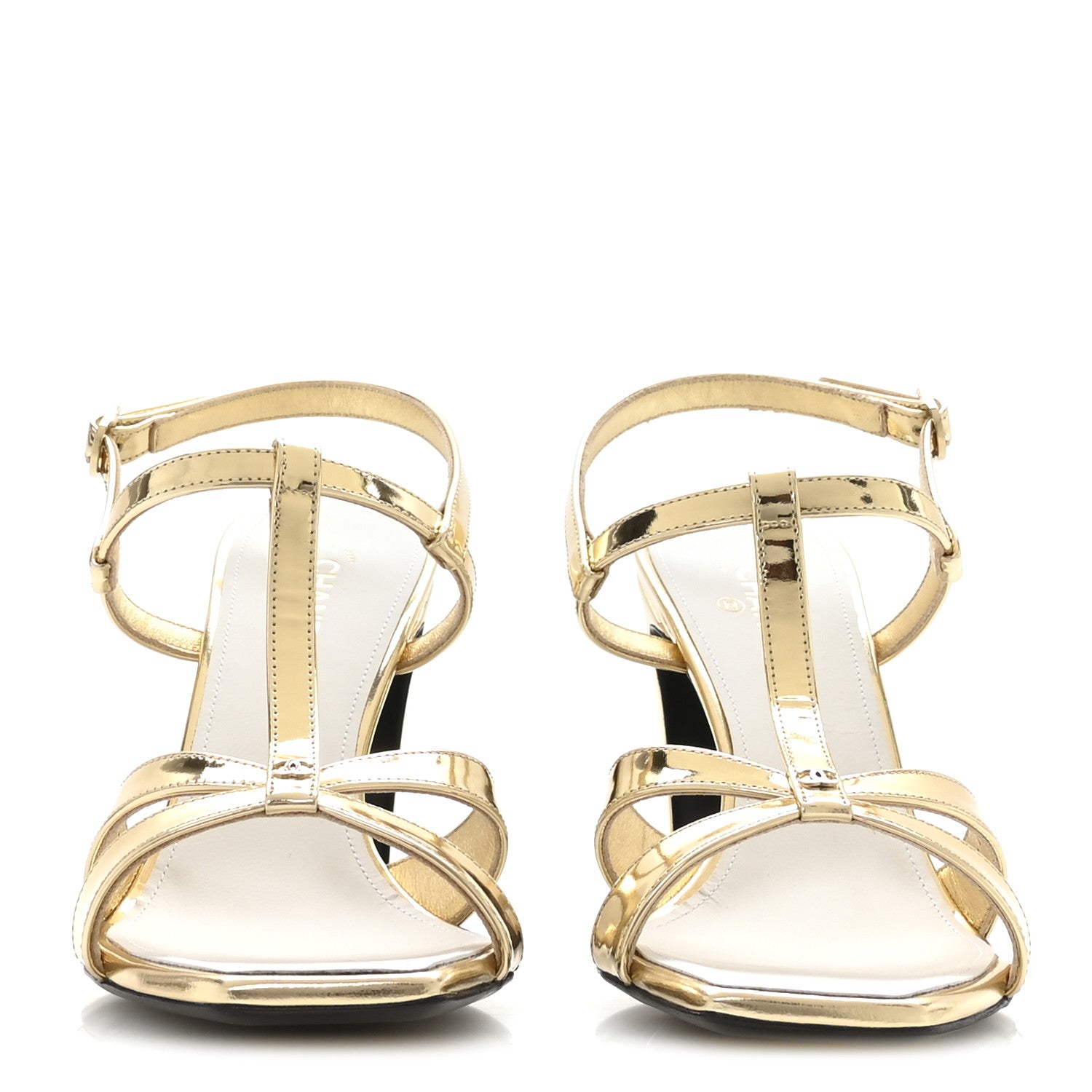 Chanel Laminated Calfskin Block Heel Sandals 39 Gold 1855835
