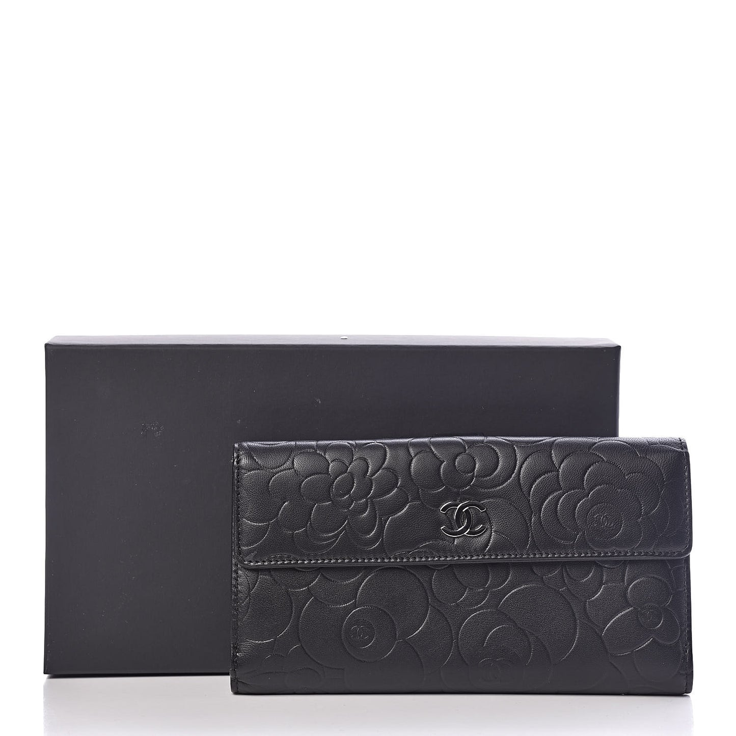 Lambskin Camellia Embossed Long Double Wallet Black