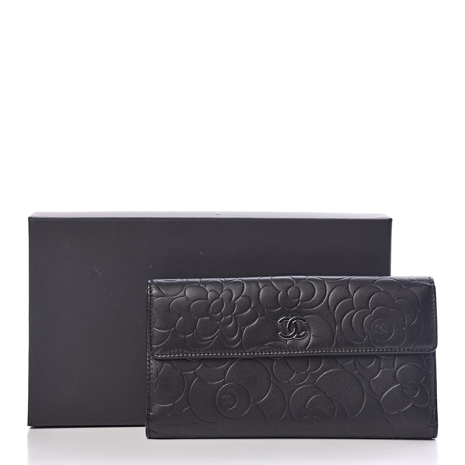 Chanel Lambskin Camellia Embossed Long Double Wallet Black 9 of 9