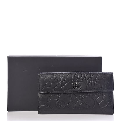 Chanel Lambskin Camellia Embossed Long Double Wallet Black 9 of 9