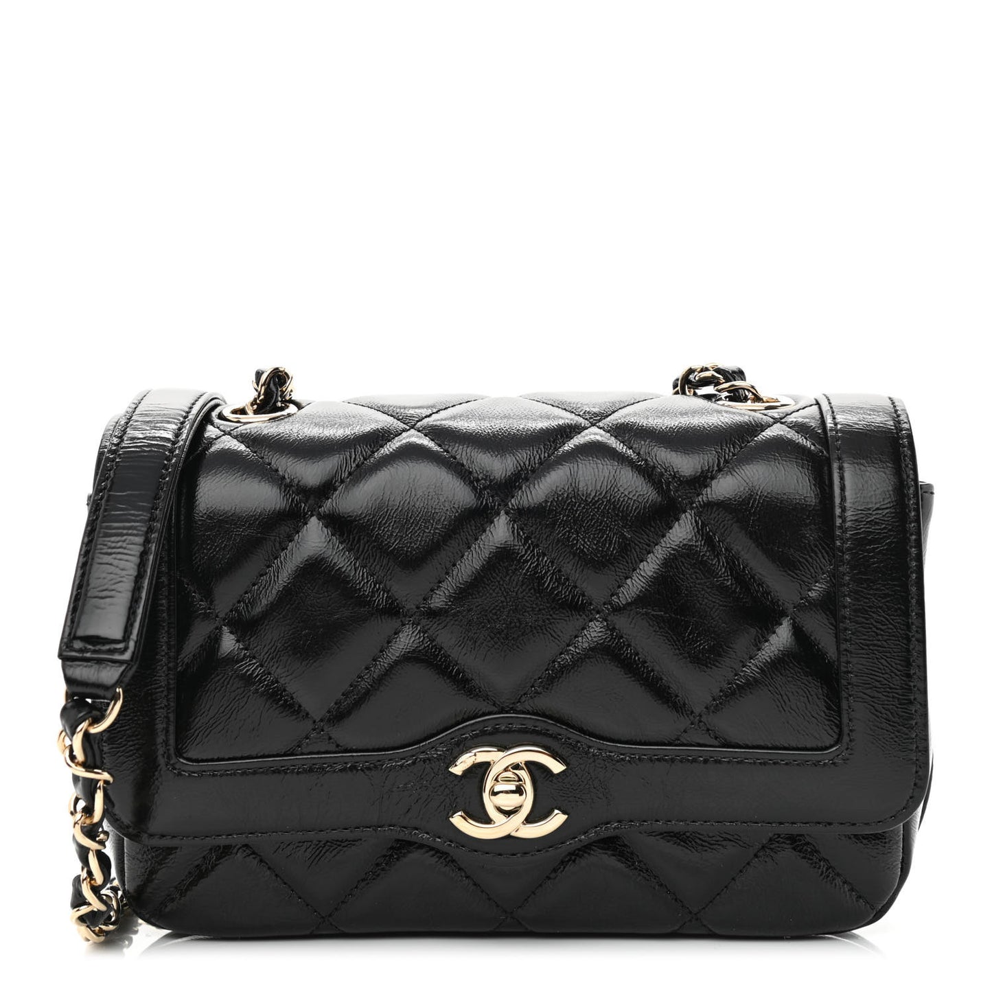 Crumpled Glazed Lambskin Quilted Mini Flap Black
