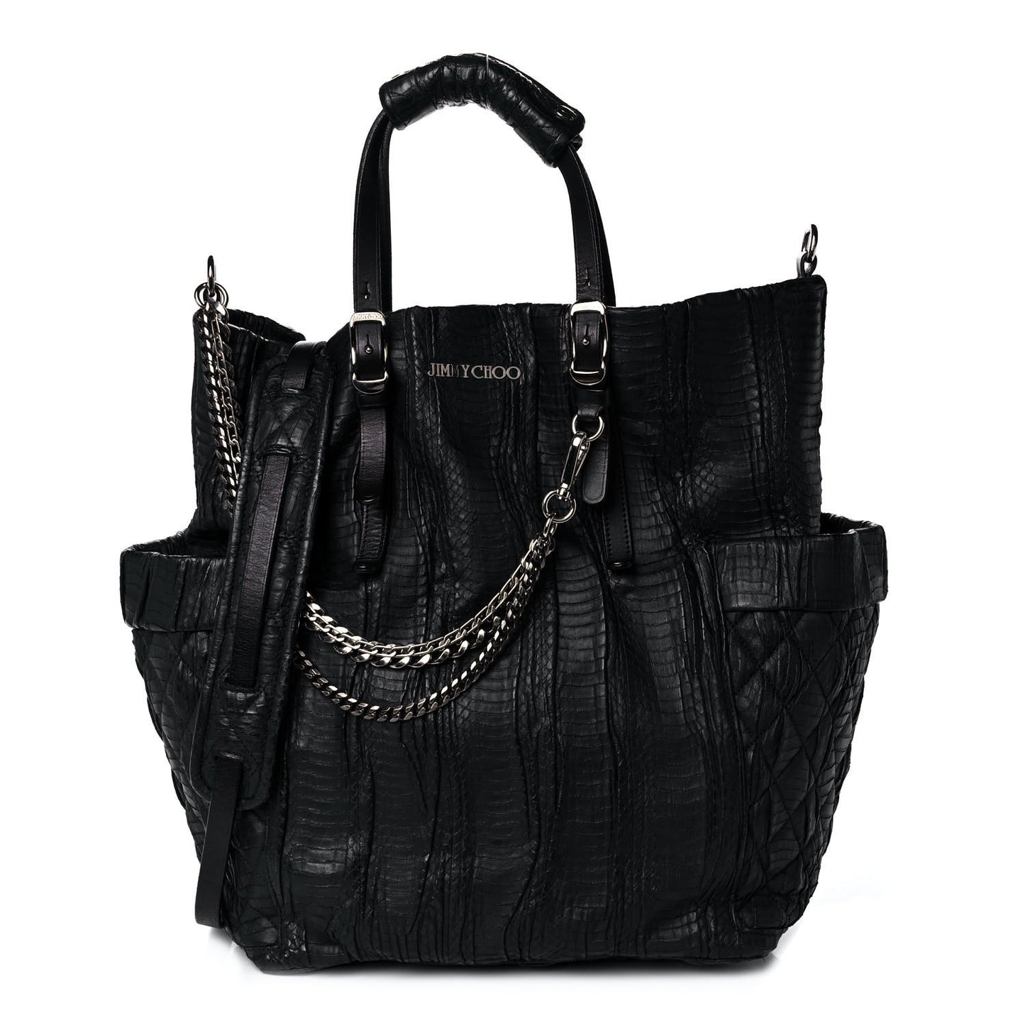 Waxed Snakeskin Chain Embellished Blare Tote Black