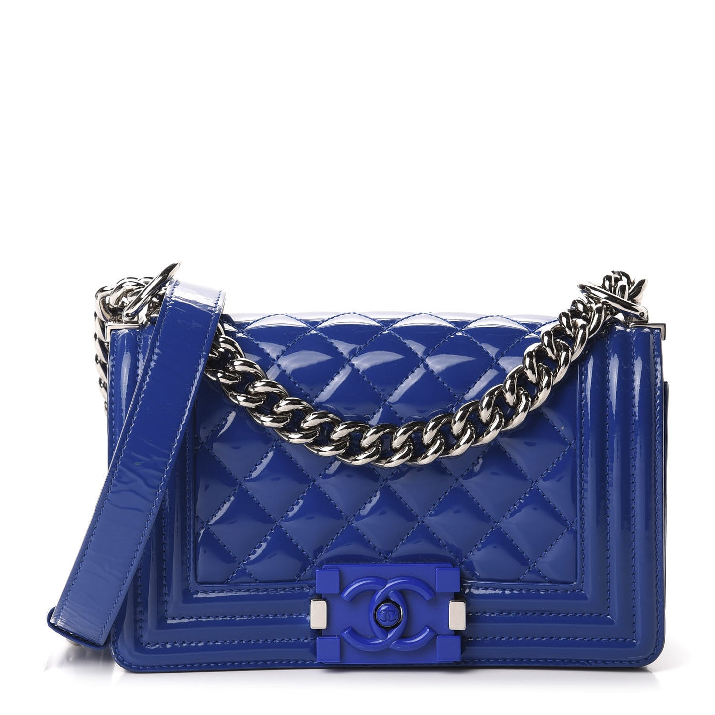 Patent Calfskin Quilted Small Plexiglass Boy Flap Blue