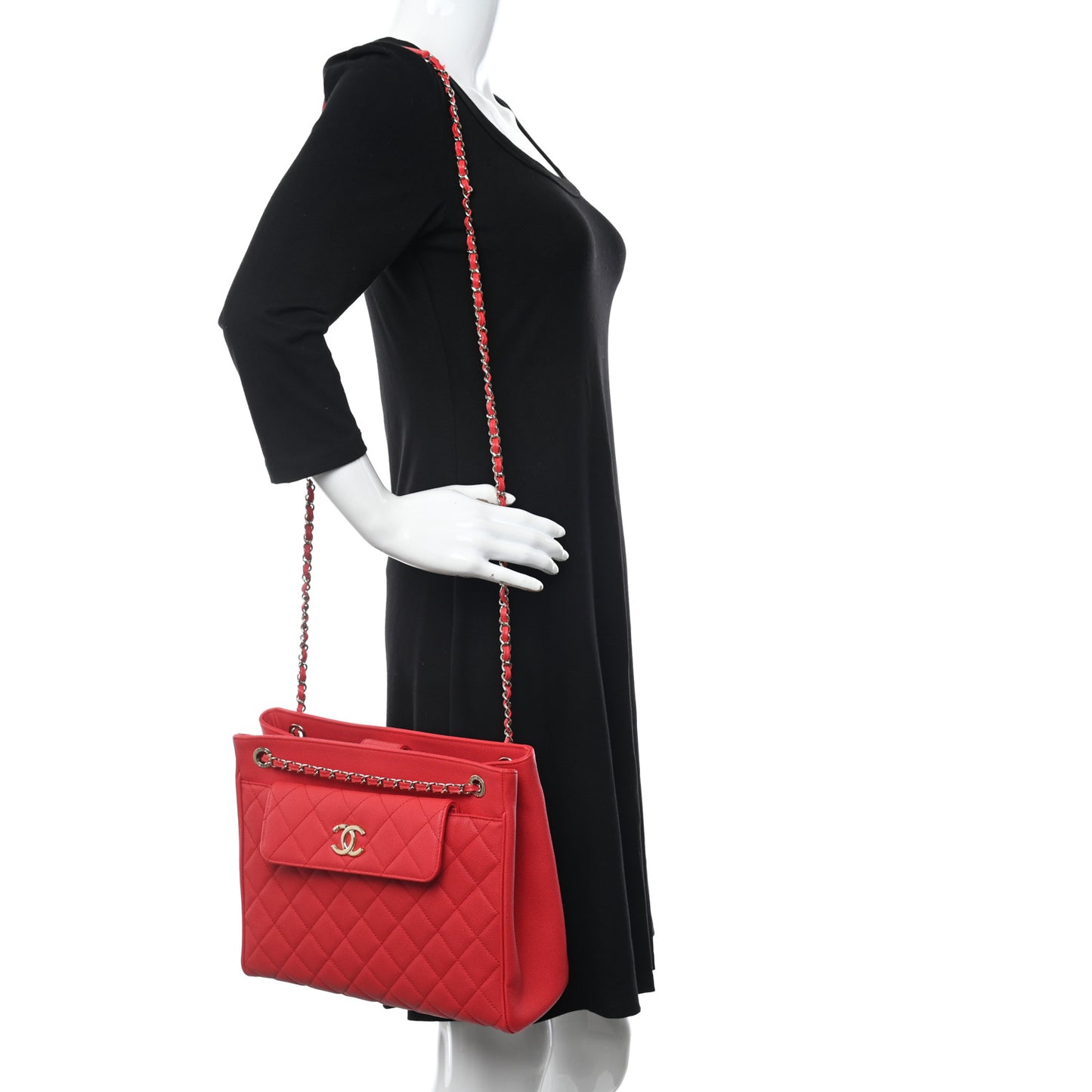 Caviar Quilted In Out Flap Shopping Tote Red