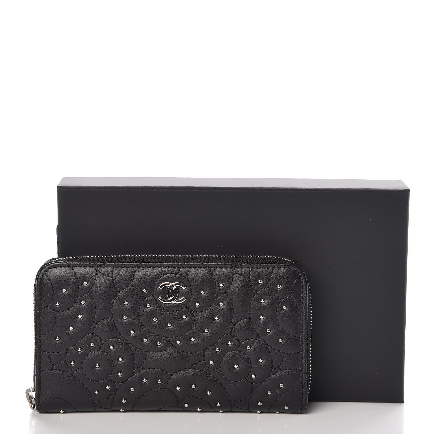 Chanel Lambskin Camellia Studded Zip Around Wallet Black 9 of 9