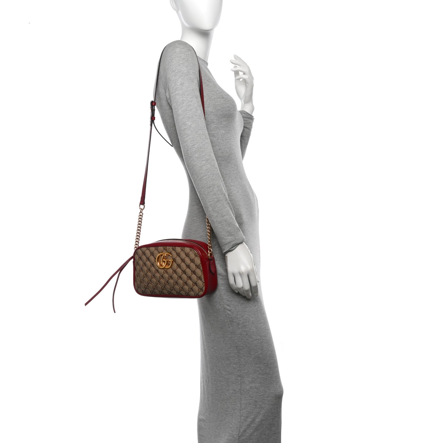 Monogram Azalea Calfskin Matelasse Diagonal Small GG Marmont Chain Shoulder Bag Beige Ebony New Cherry Red
