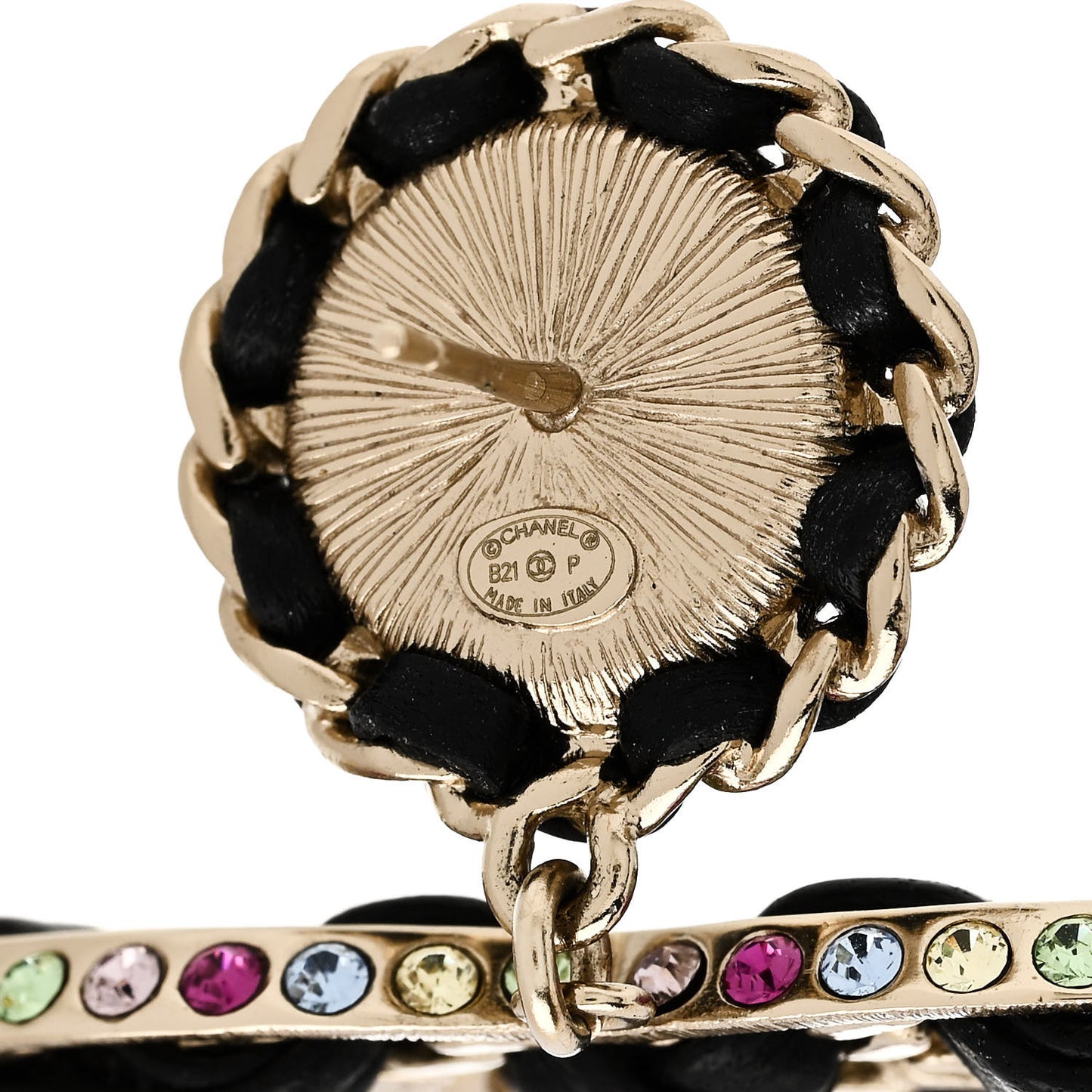 Pearl Lambskin Crystal Chain CC Drop Earrings Black Gold Multicolor