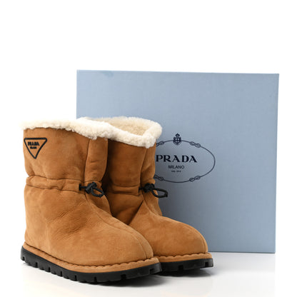 Prada Shearling Triangle Logo Drawcord 20mm Ankle Boots 40 Cognac 8 of 8