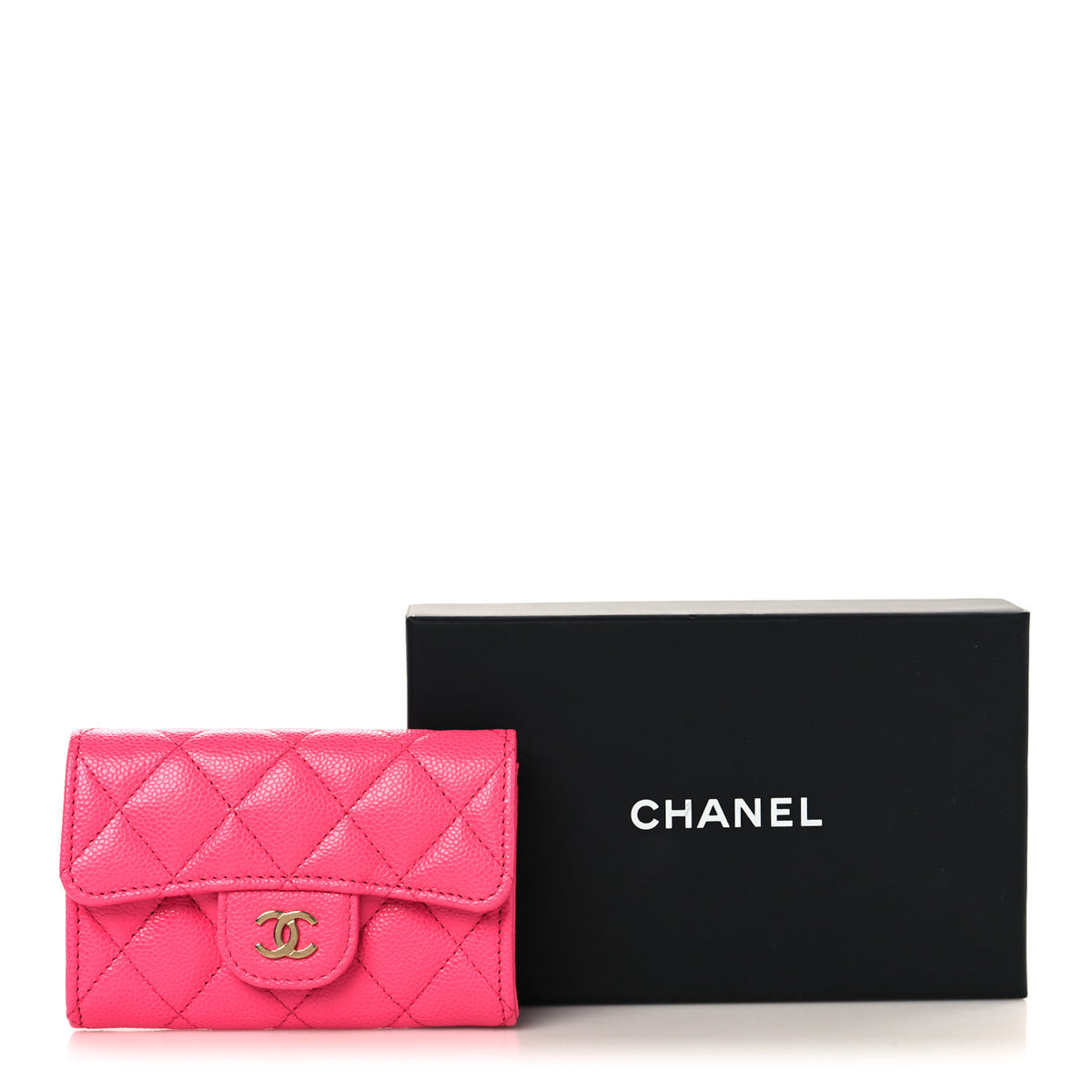 Caviar Quilted Flap Card Holder Wallet Fuchsia