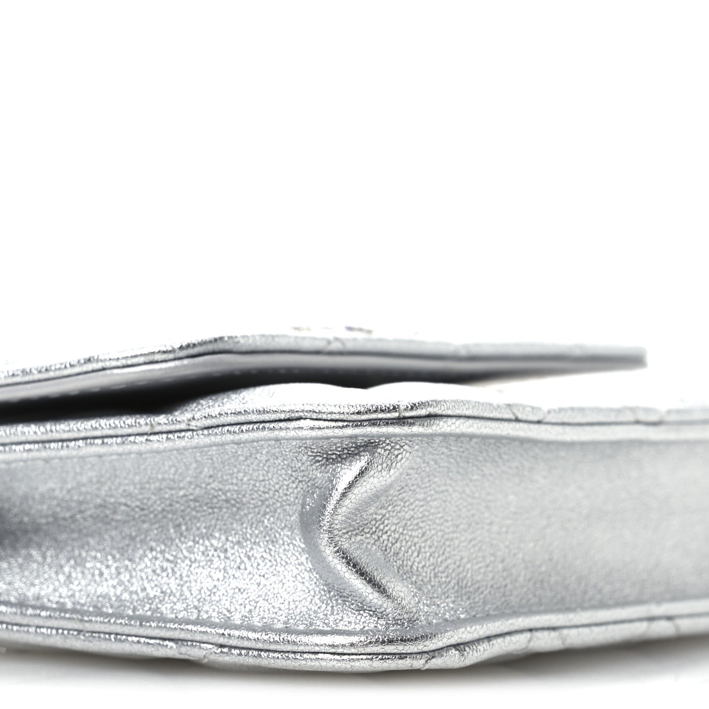 Metallic Goatskin Quilted Crystal CC Walk Of Fame Clutch With Chain Silver