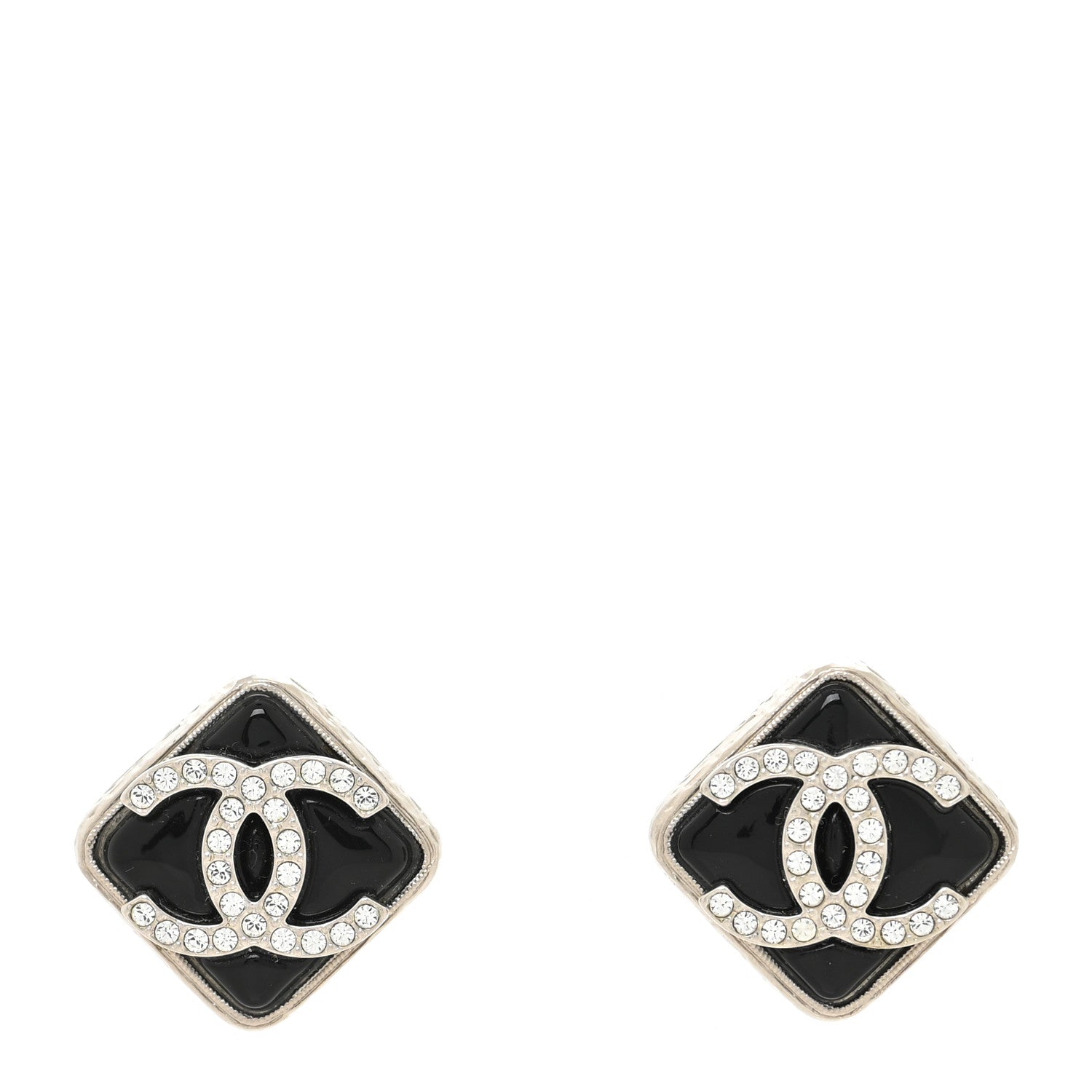 Chanel Crystal Square CC Earrings Silver Black 1 of 4