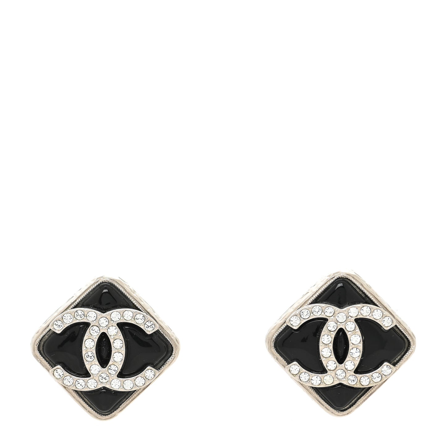 Crystal Square CC Earrings Silver Black