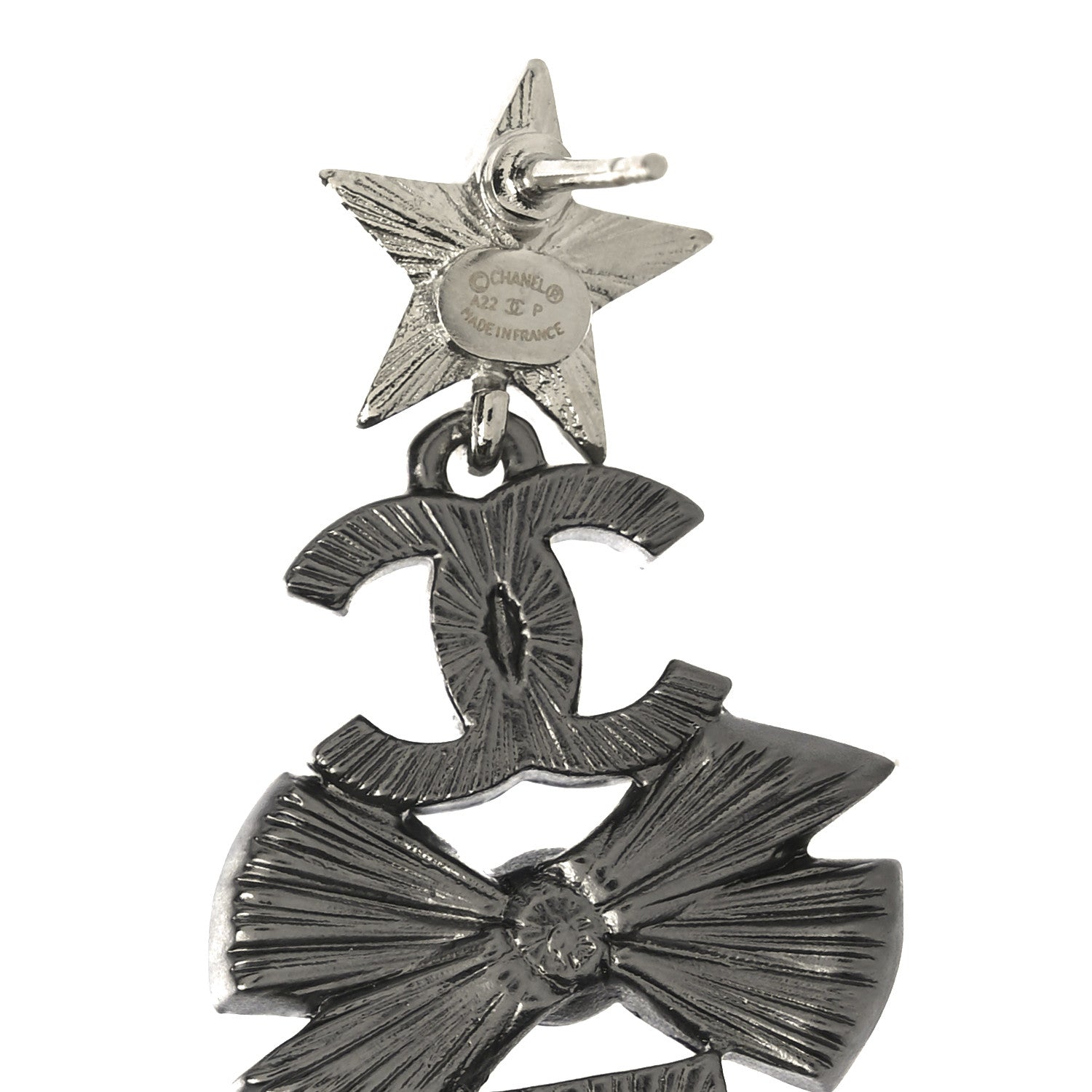 Chanel Ruthenium Crystal Pearl CC Star Bow No 5 Drop Earrings 4 of 4
