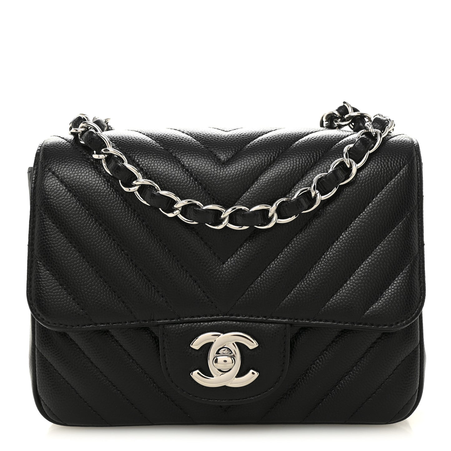 Caviar Chevron Quilted Mini Square Flap Black