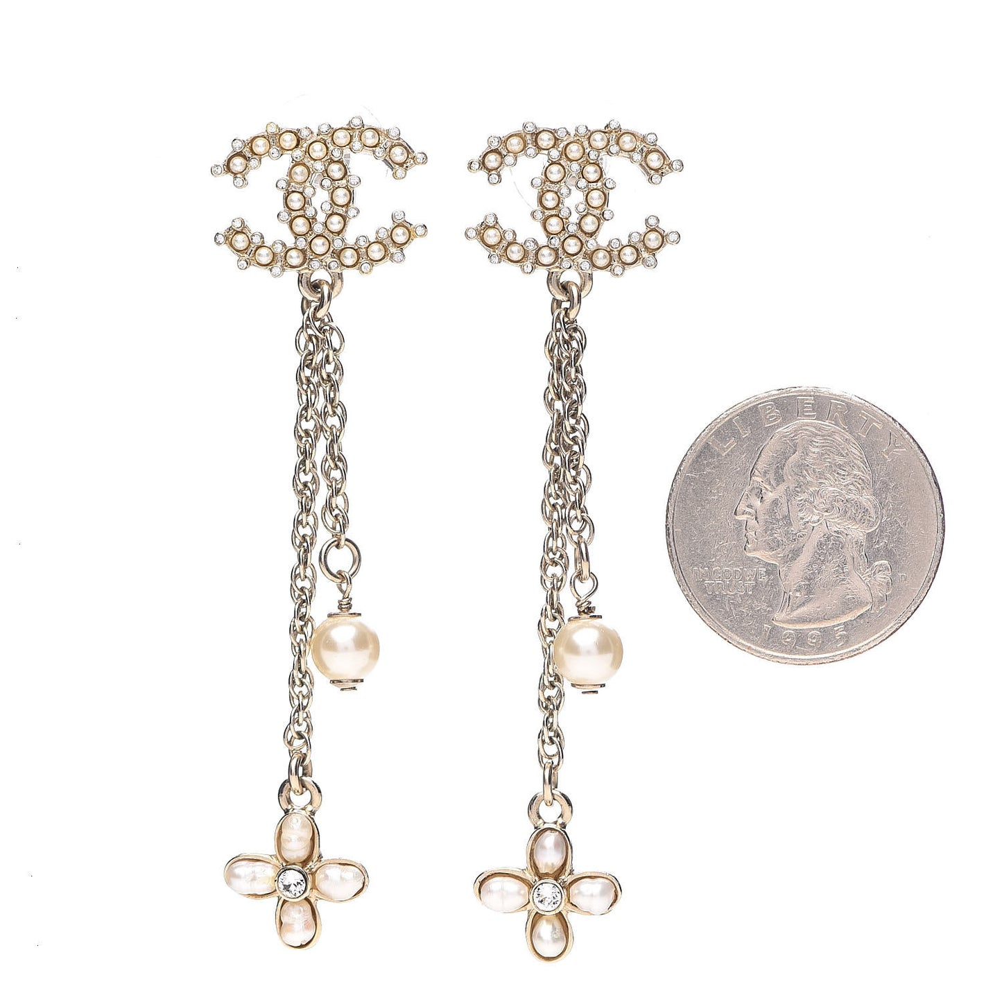 Pearl Crystal CC Flower Drop Earrings Silver White