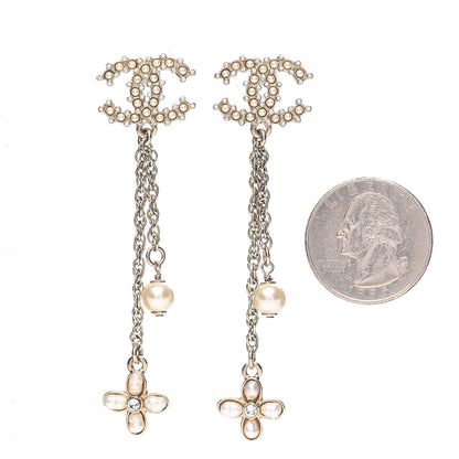 Chanel Pearl Crystal CC Flower Drop Earrings Silver White 2 of 5