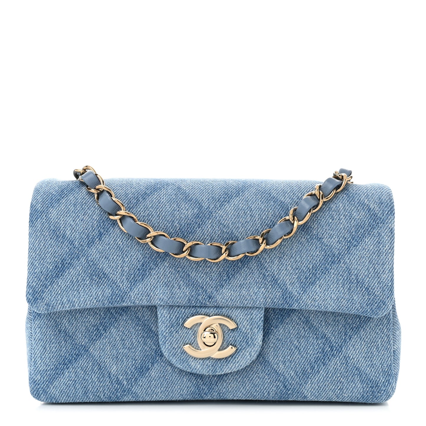 Printed Denim Quilted Mini Rectangular Flap Light Blue