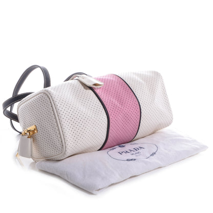 Prada Saffiano Perforated Striped Shoulder Bag White Black 6 of 30