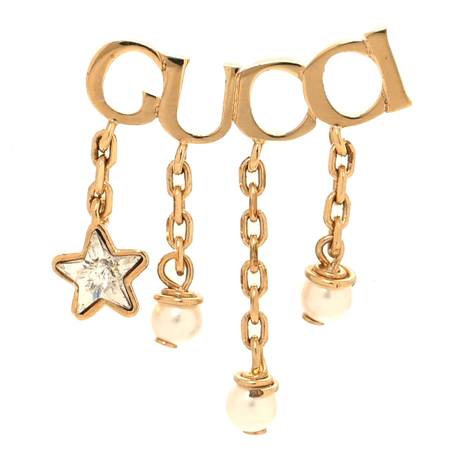 Gucci Metal Crystal Pearl Script Drop Single Earring Gold 1 of 4