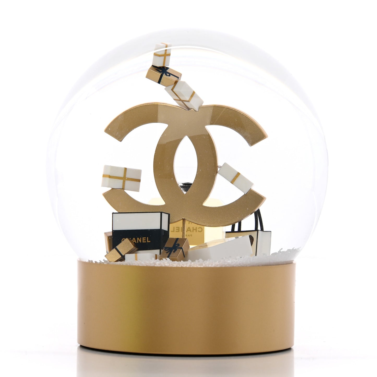 Glass CC Shopping Bag Snow Globe Gold