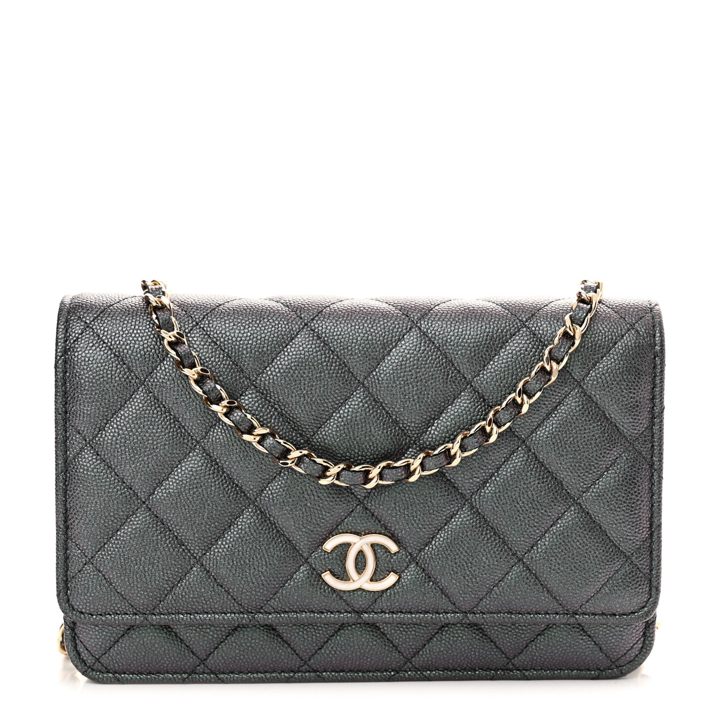 Iridescent Caviar Quilted Wallet On Chain WOC Black