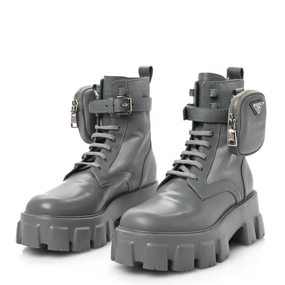 Prada Spazzolato Rois Re-Nylon Metal Triangle Logo Monolith Pouch Pocket 55mm Boots 38.5 Marble Grey 3 of 9