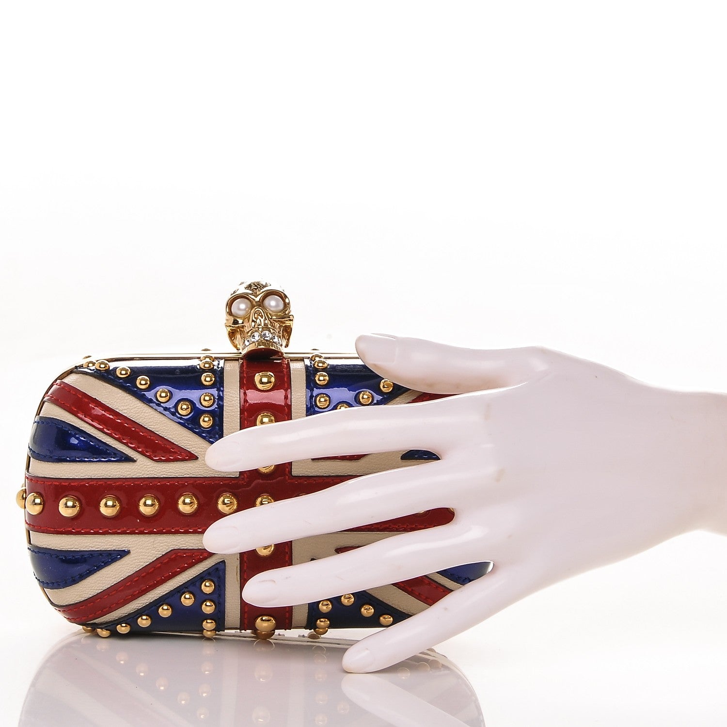 Alexander McQueen Patent Calfskin Studded Britannia Skull Box Clutch Red Blue 2 of 8