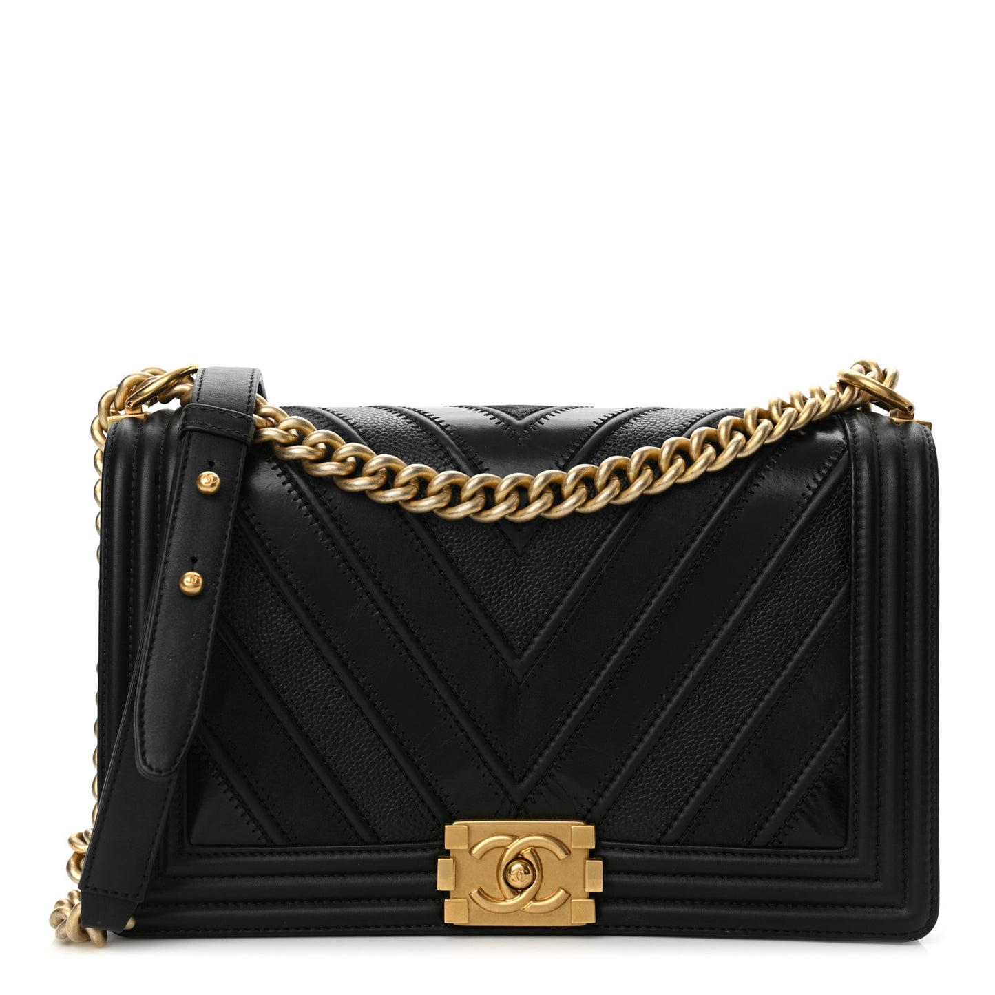 Calfskin Caviar Suede Chevron New Medium Boy Flap Black