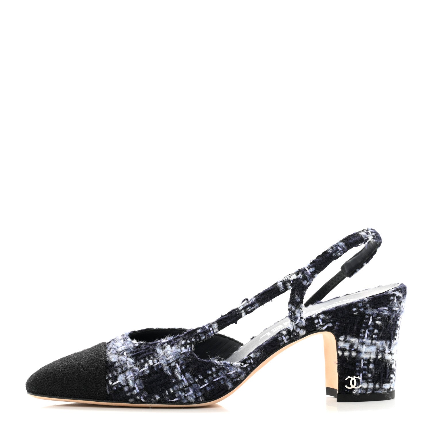 Chanel Tweed Cap Toe CC Slingback Pumps 38 Navy Blue Black 1 of 8