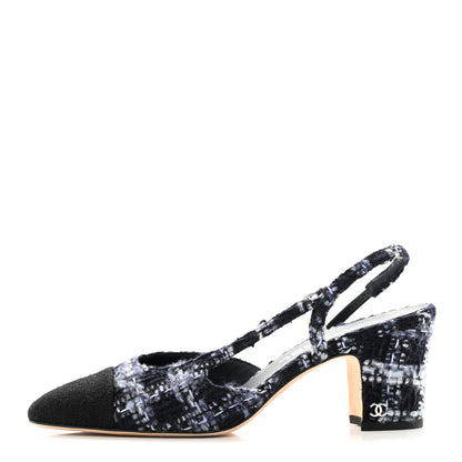 Chanel Tweed Cap Toe CC Slingback Pumps 38 Navy Blue Black 1 of 8