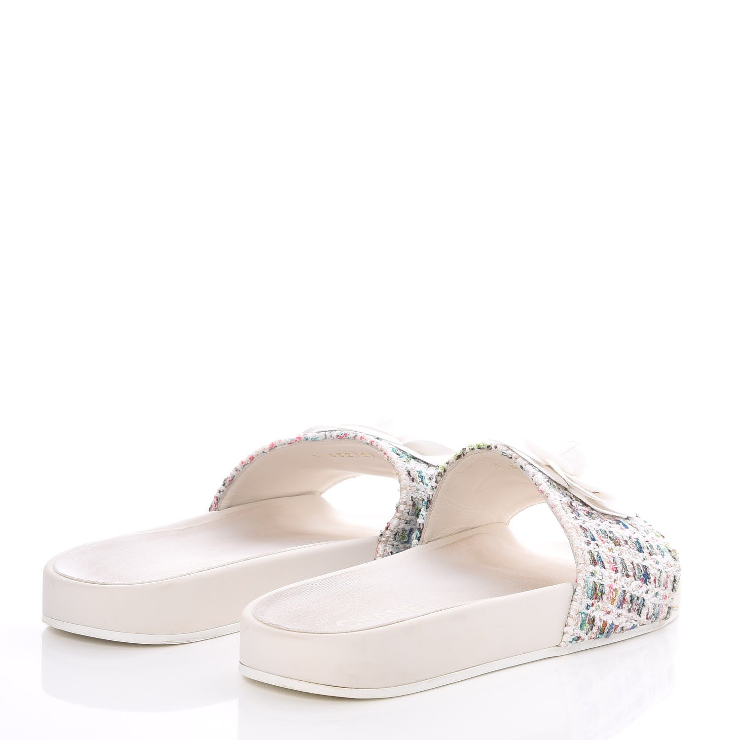 Chanel Tweed Grosgrain Camellia Flat Sandals 39 Ivory Ecru Green 4 of 9