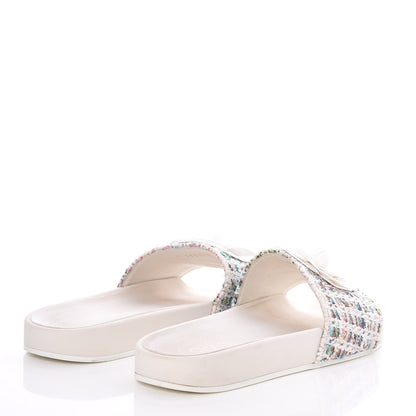 Chanel Tweed Grosgrain Camellia Flat Sandals 39 Ivory Ecru Green 4 of 9