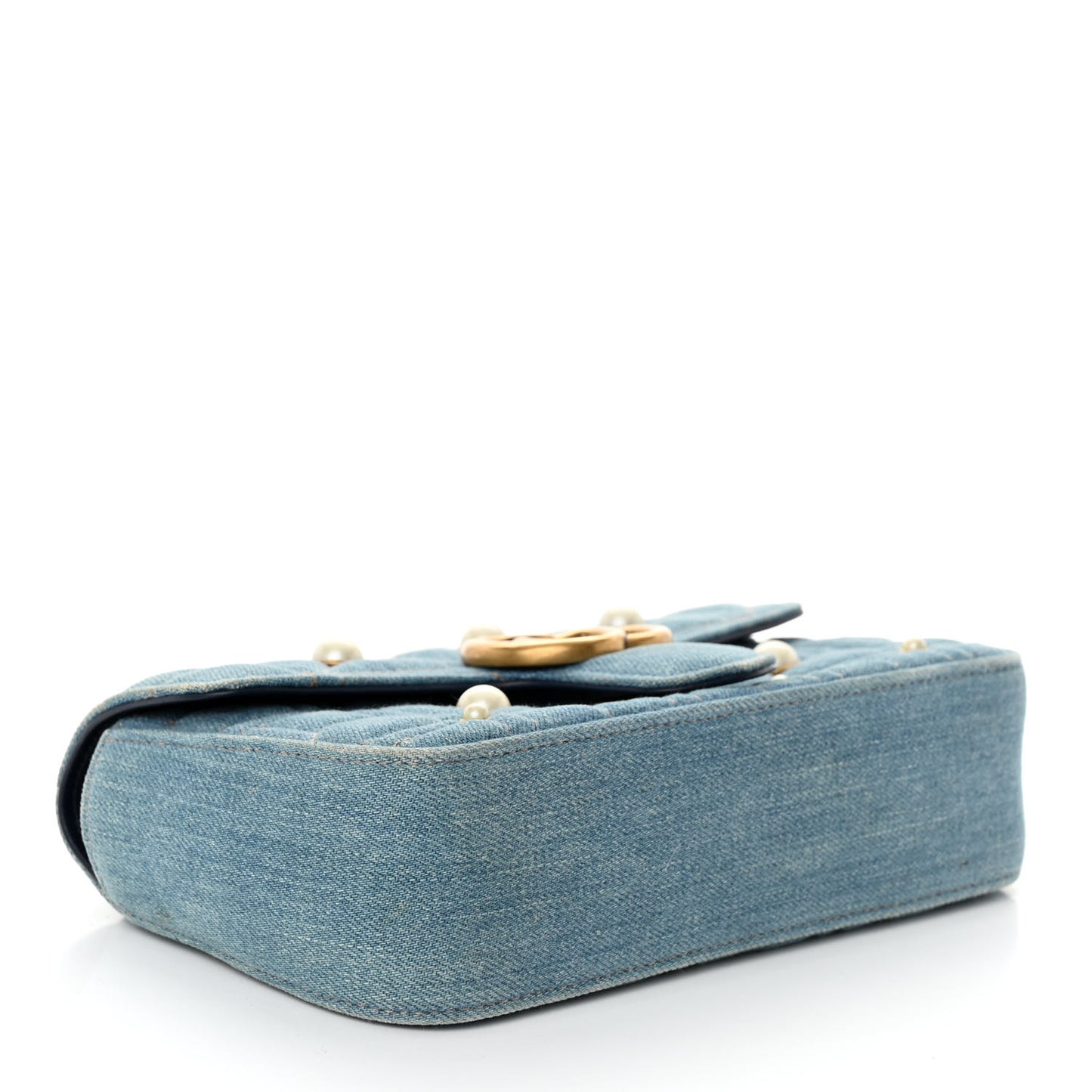 Denim Matelasse Pearl Studded Mini GG Marmont Shoulder Bag Blue