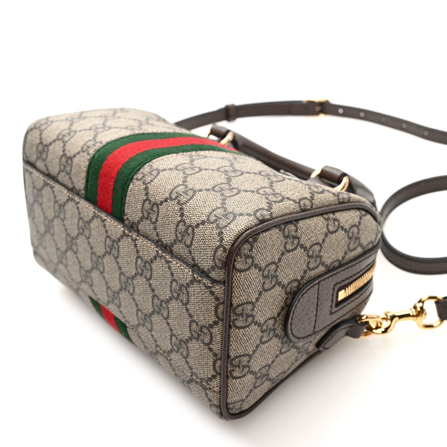 GG Supreme Monogram Textured Dollar Calfskin Web  Ophidia Top Handle Bag Beige Dark Brown