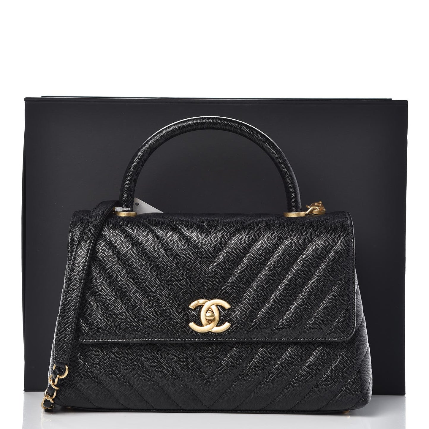 Caviar Chevron Quilted Small Coco Handle Flap Black