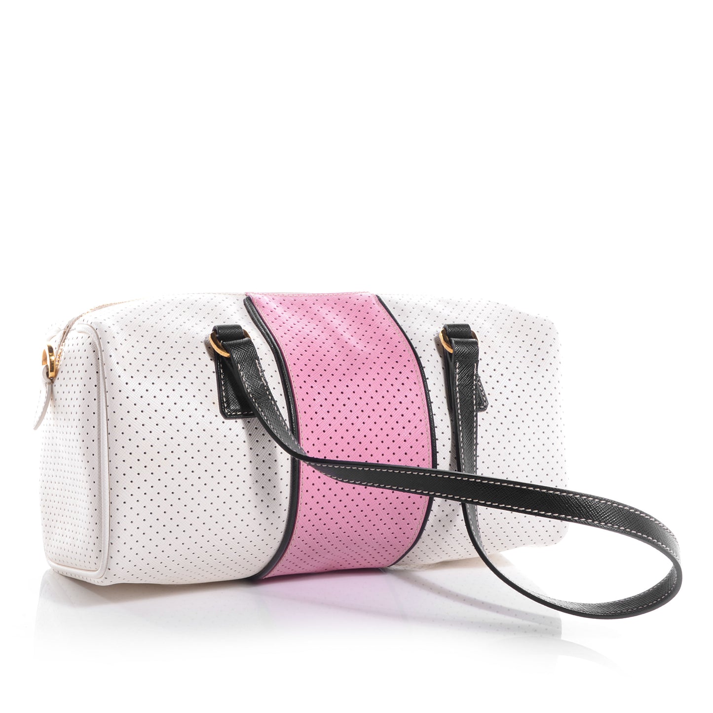 Saffiano Perforated Striped Shoulder Bag White Black