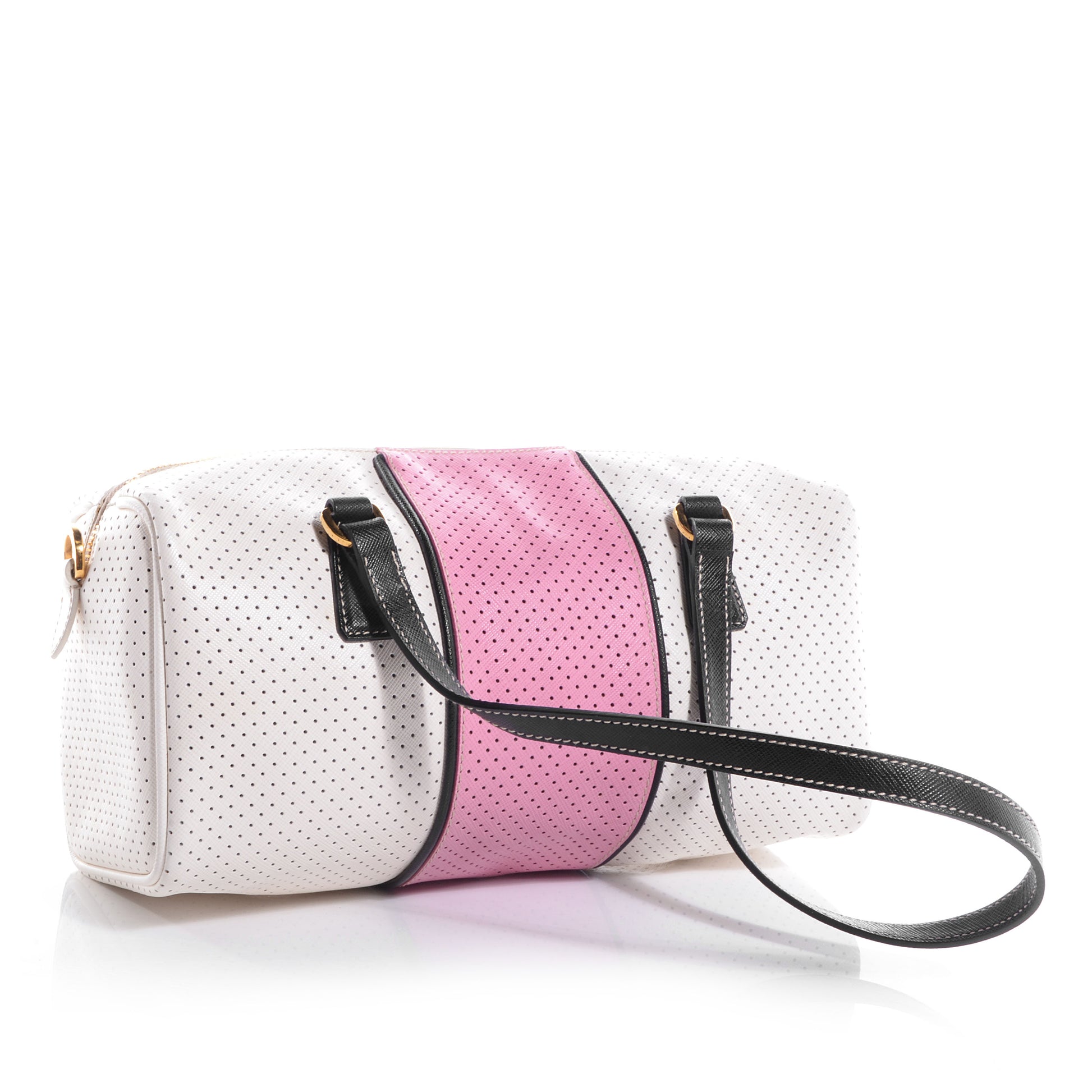 Prada Saffiano Perforated Striped Shoulder Bag White Black 4 of 30