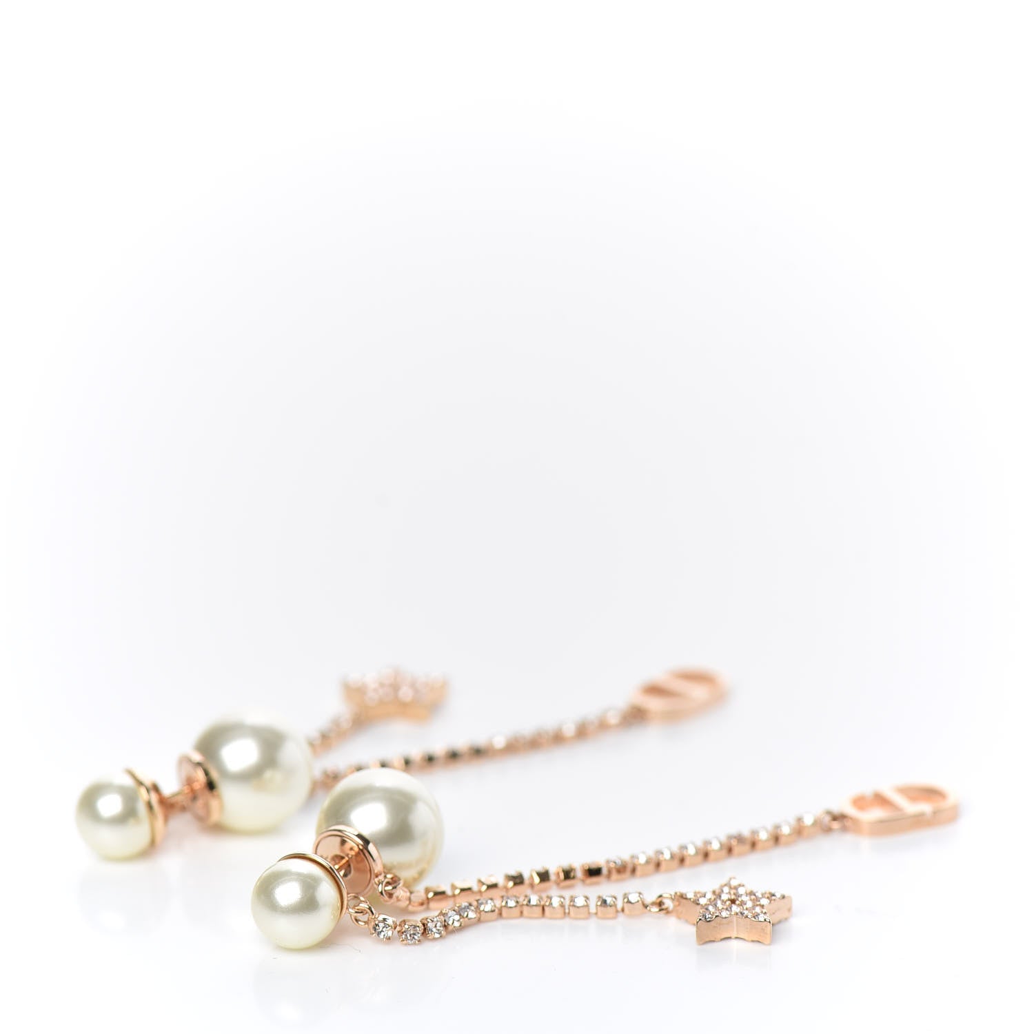 Christian Dior Pearl Crystal Star Tribale Dangle Chain Earrings Rose Gold 3 of 4
