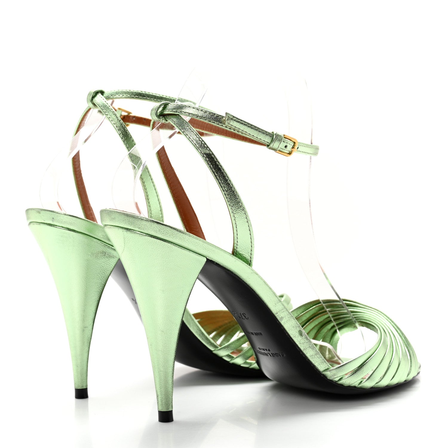 Saint Laurent Metallic Calfskin Tina Ankle Strap Sandals 37.5 Metal Clorofilla 4 of 10