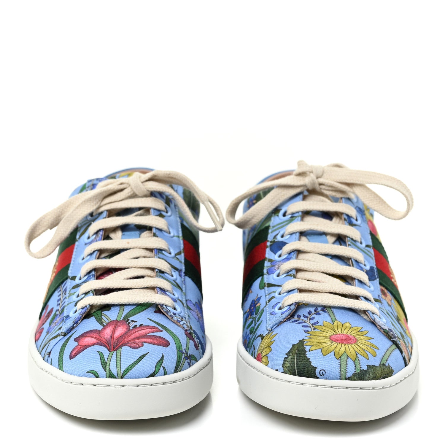 Gucci Calfskin Web New Flora Print Womens Ace New Sneakers 37.5 Azure 2 of 9