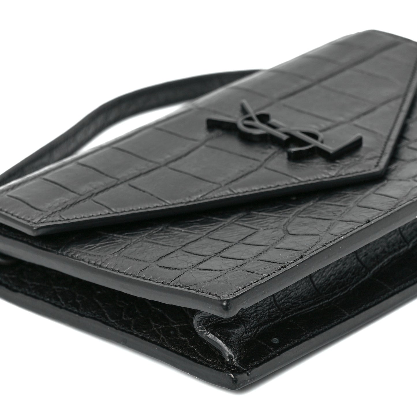 Calfskin Crocodile Embossed Monogram Envelope Chain Wallet Black