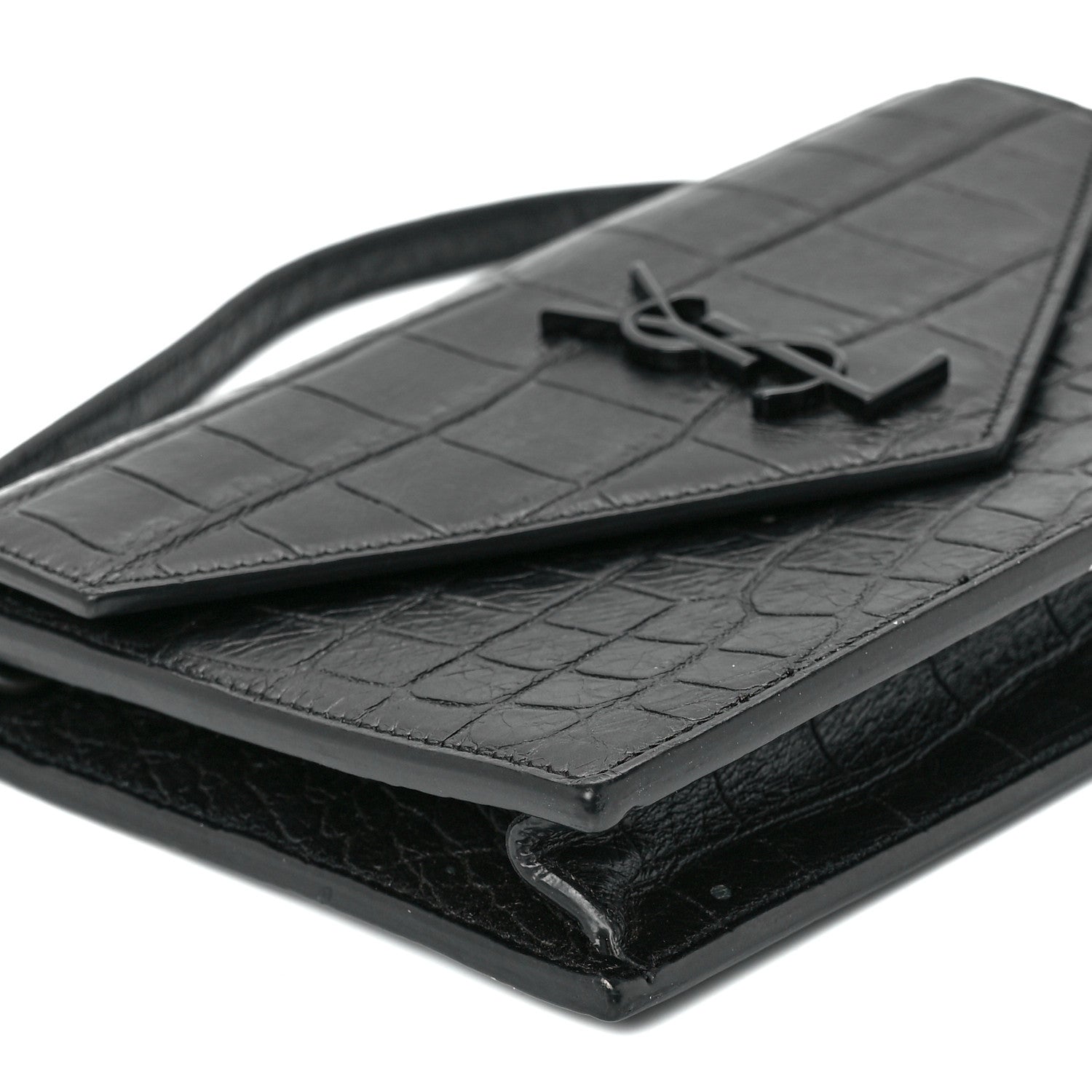 Saint Laurent Calfskin Crocodile Embossed Monogram Envelope Chain Wallet Black 9 of 12