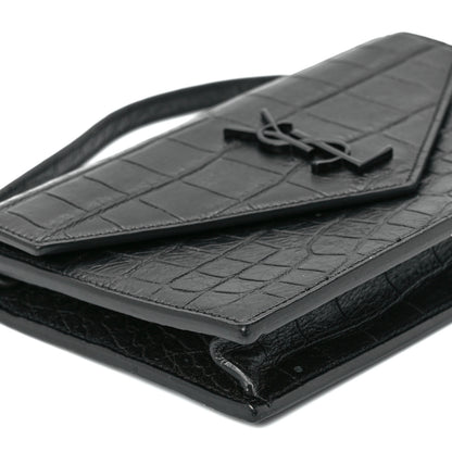 Saint Laurent Calfskin Crocodile Embossed Monogram Envelope Chain Wallet Black 9 of 12