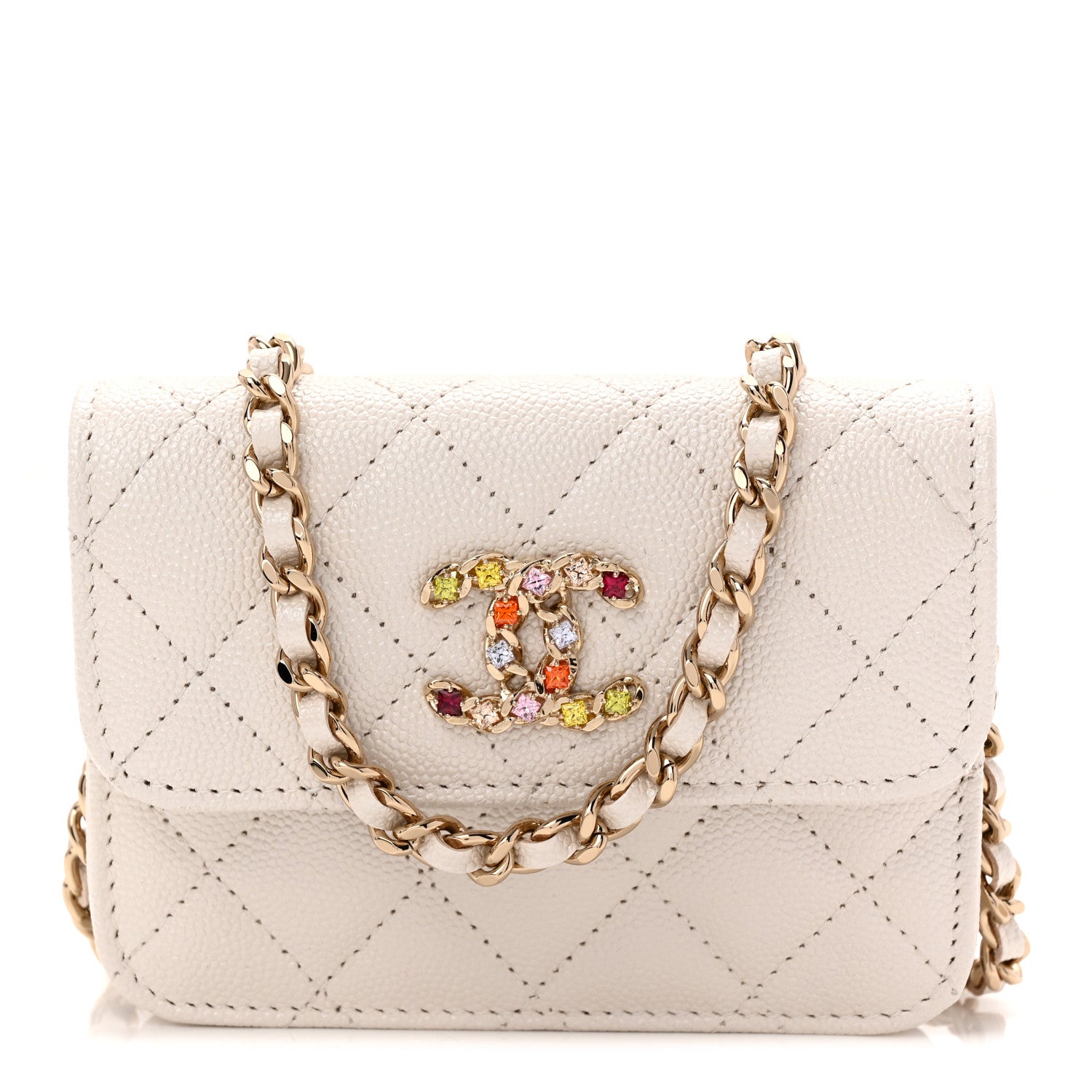 Chanel Caviar Quilted Crystal CC Clutch With Chain White 9 of 11